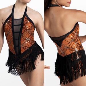 Weissman dance costume Orange sequin fringe flapper Clap Clap D12551 IC 7/8
